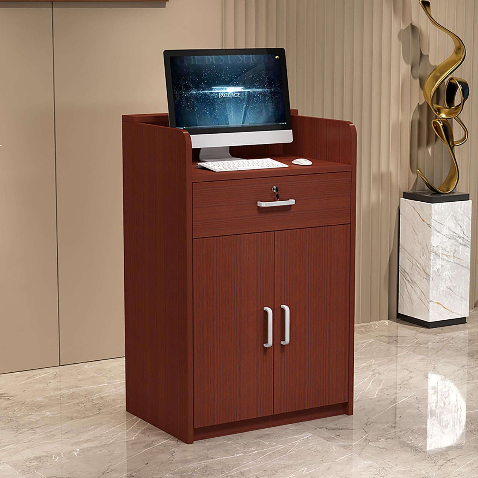 Front Desk Reception Counter Retail Counter Checkout Cashier Office Locker Table with Drawers Cable，Modern Lockable Drawer Reception Desk – Stylish Home Office Living Room Reception Area Fur