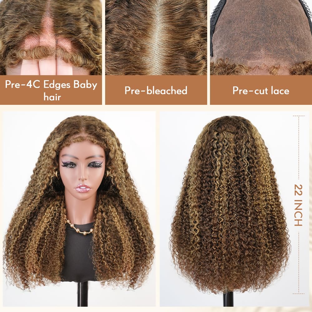 MENGLLE Glueless Human Hair Wig 7x6 HD Lace Front Kinky Curly, Wear and Go, Pre-Plucked 4c edges Baby Hair,Real human hair wigs for black women 20Inch P4/27 Ombre Blonde