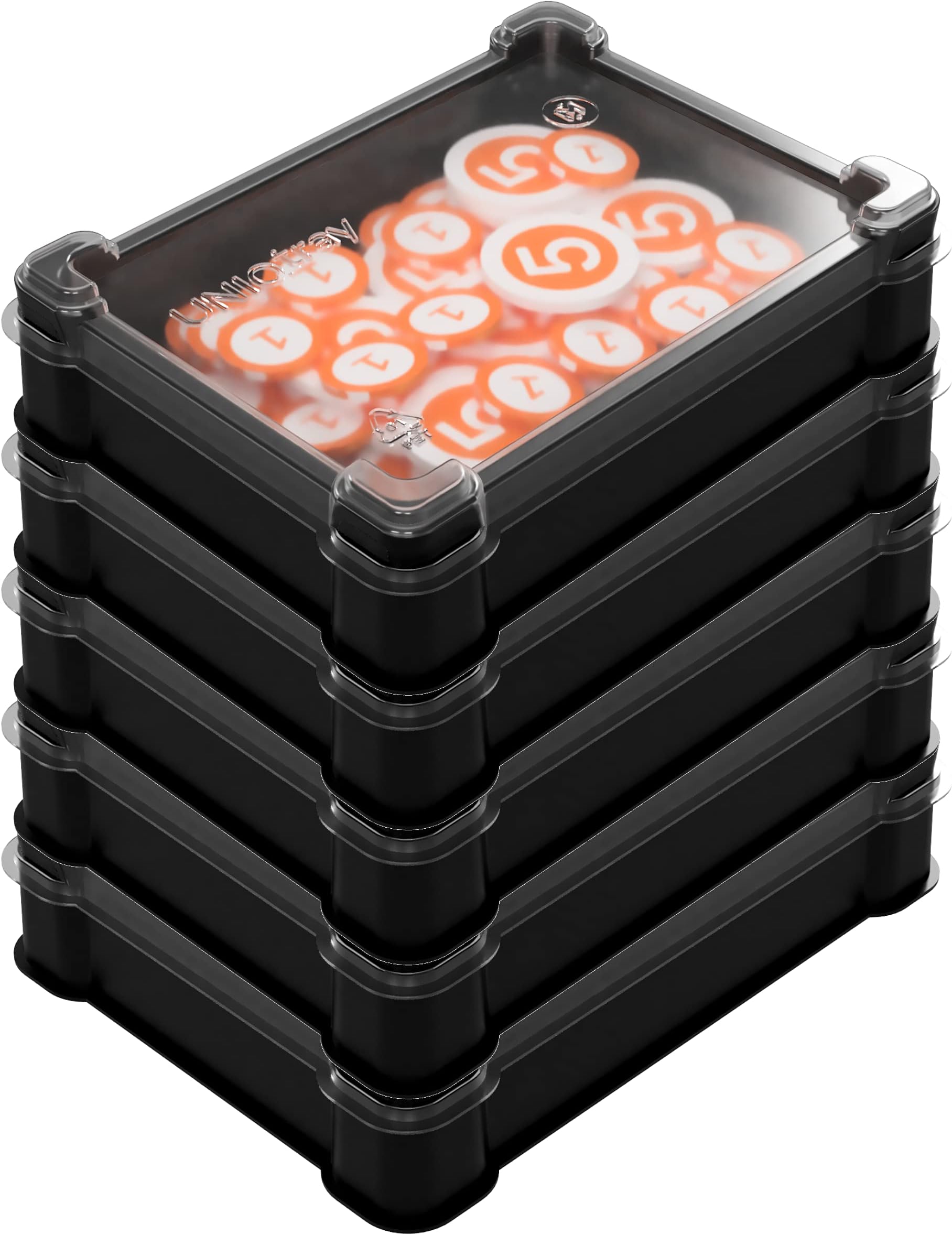 UniqTraySystem 5-Pack Token One-Cell Box for Board Game Pieces, Meeples, Dice, Tokens (5 Modular Trays with a Transparent Removable lid)