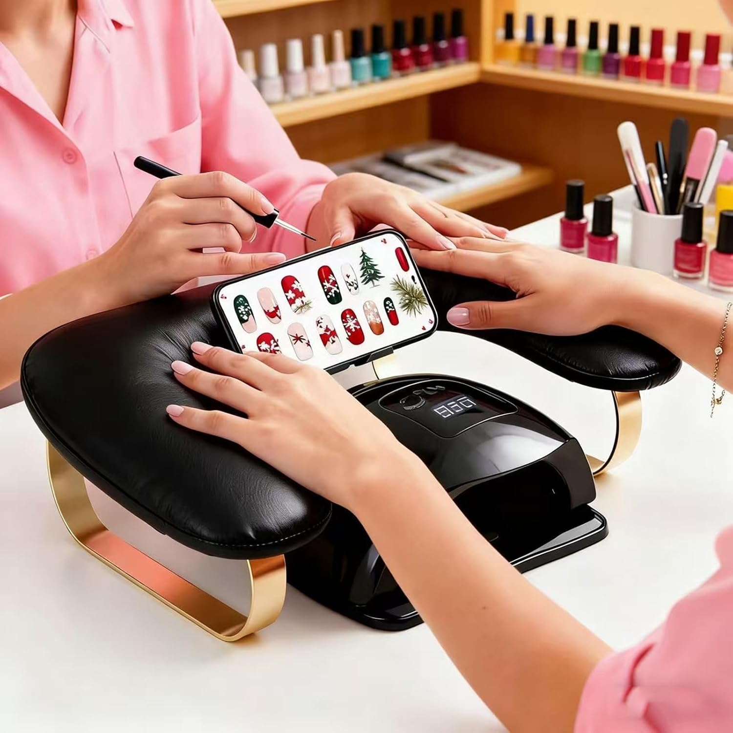 Nail Arm Rest with Phone Holder, Arm Rest for Nails Tech 10° Inclined, PU Leather Manicure Hand Rest, U-Shaped Nail Tech Arm Rest Stand, 360° Rotating Phone Holder Hand Rest for Nails Tech, Black