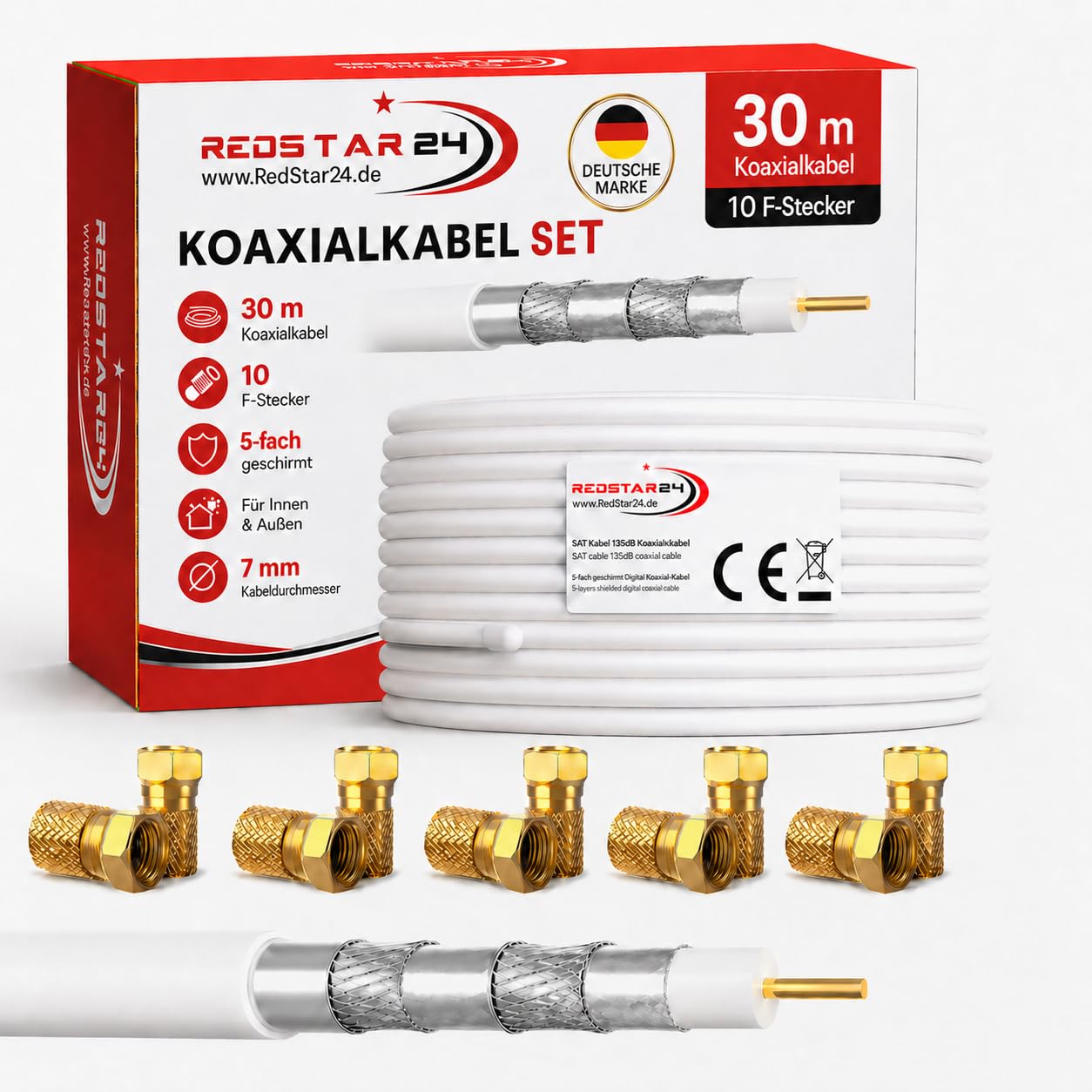 RedStar24 Cavo Coassiale SAT 30m 135dB Digitale | Classe A+ | Schermatura a 5 Strati per Ultra HD 4K DVB-S/S2, DVB-C/C2, DVB-T | Cavo Antenna Coassiale | 10 Connettori F | Bianco 30 Metri
