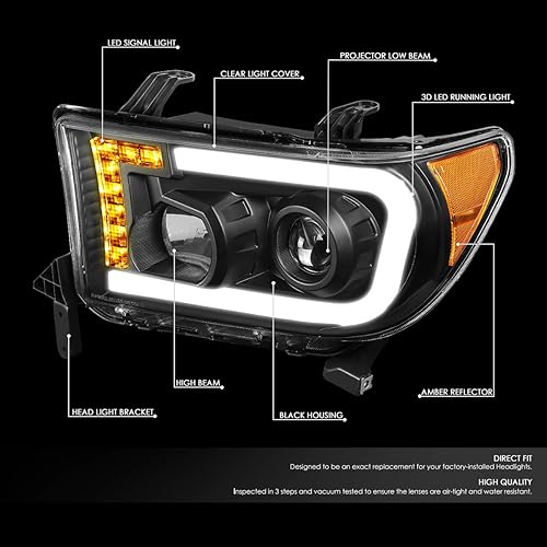 Miniatura 2 de DNA Motoring HL-LB-TT07-BK-AM Juego de faros delanteros con proyector LED DRL de tubo + señal de giro compatible con Toyota Sequoia 08-17  Tundra