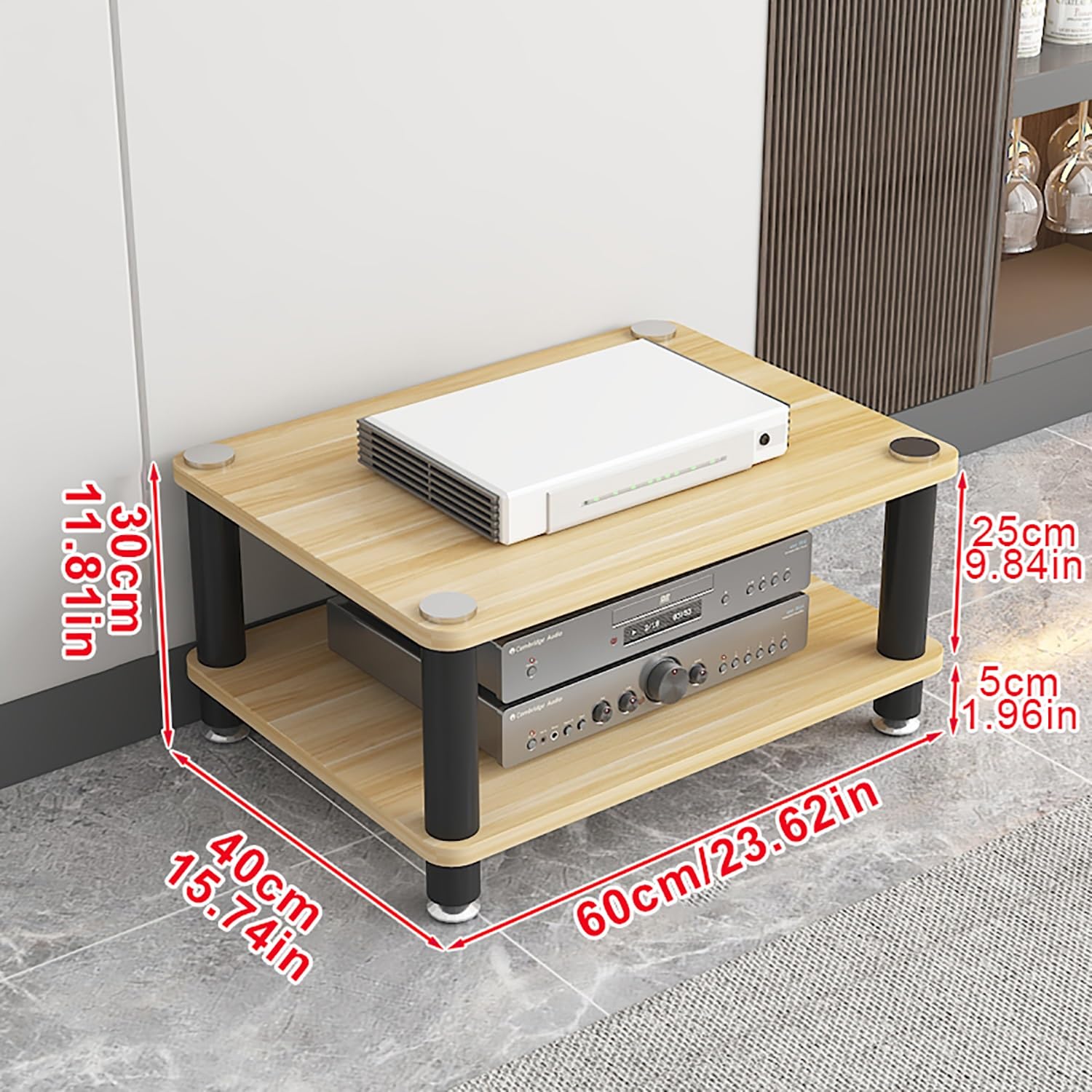 Scaffale per archiviazione multimediale portatile, mensola da gioco e supporto audio, mensola angolare per proiettore, lettore DVD, console di gioco, facile da montare, finitura in mogano (60 x 40 x 5