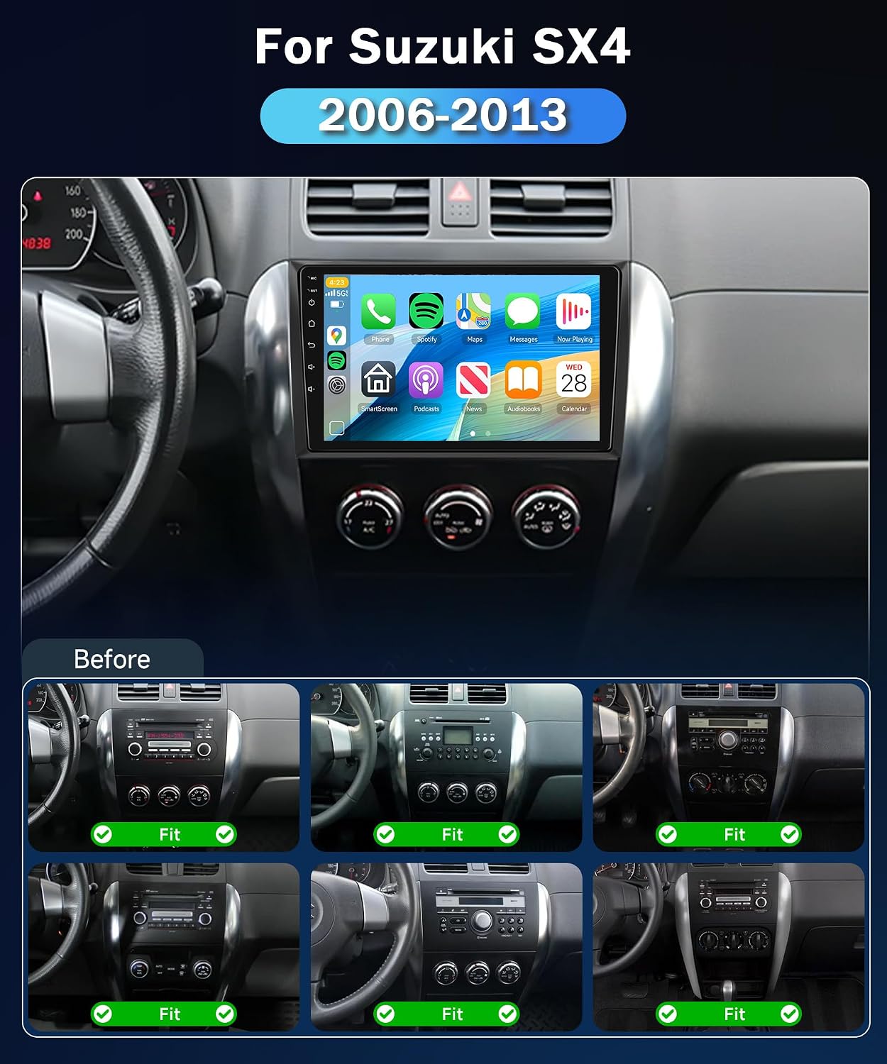 Comparison of Suzuki SX4 dashboard before and after METEESER car stereo installation, with various original radio configurations marked as compatible.