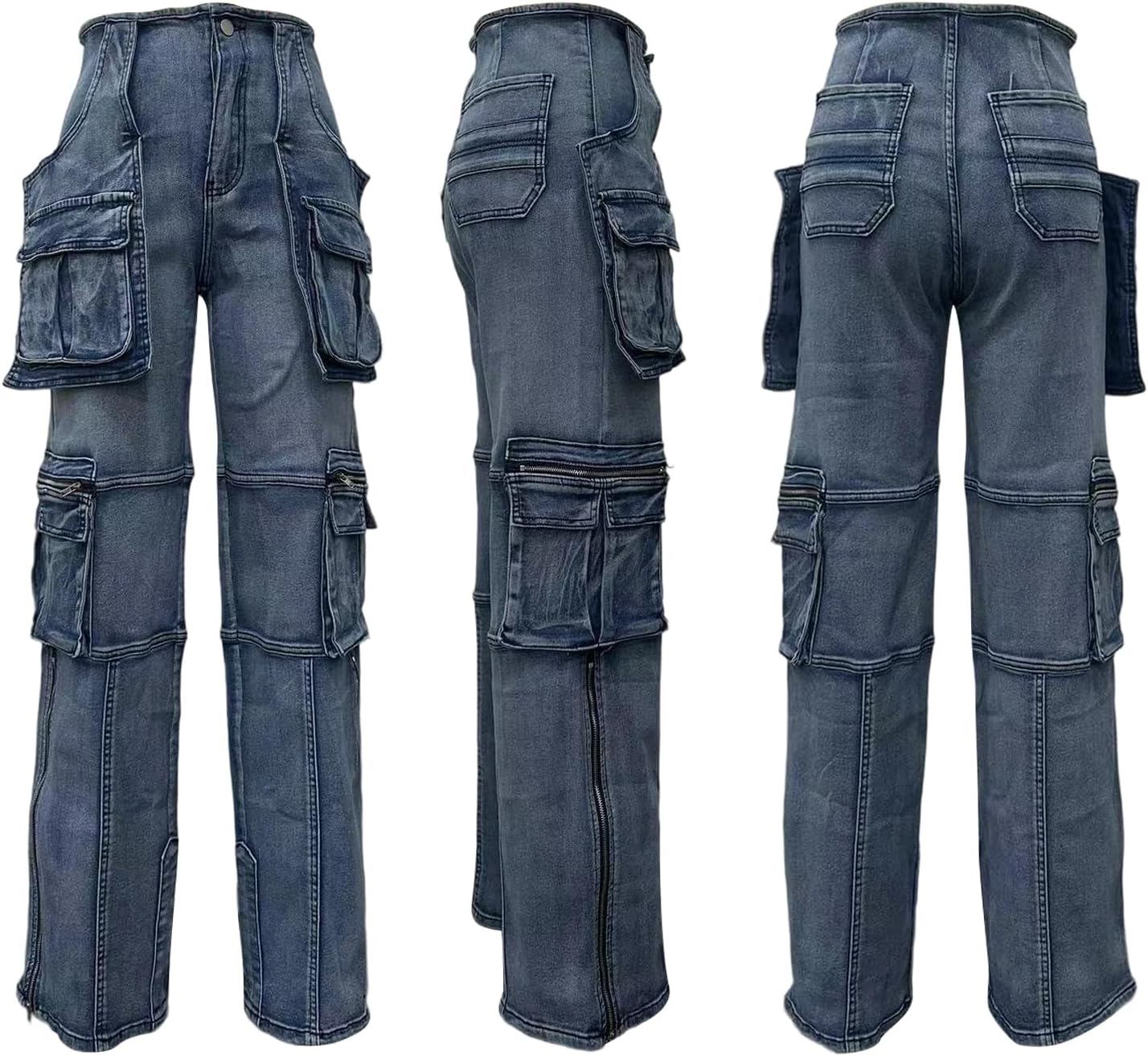 LKOUS Womens Casual High Waisted Cargo Jeans Baggy Stretchy Zip Side Slit Denim Pants with Multi Pockets - Image 7