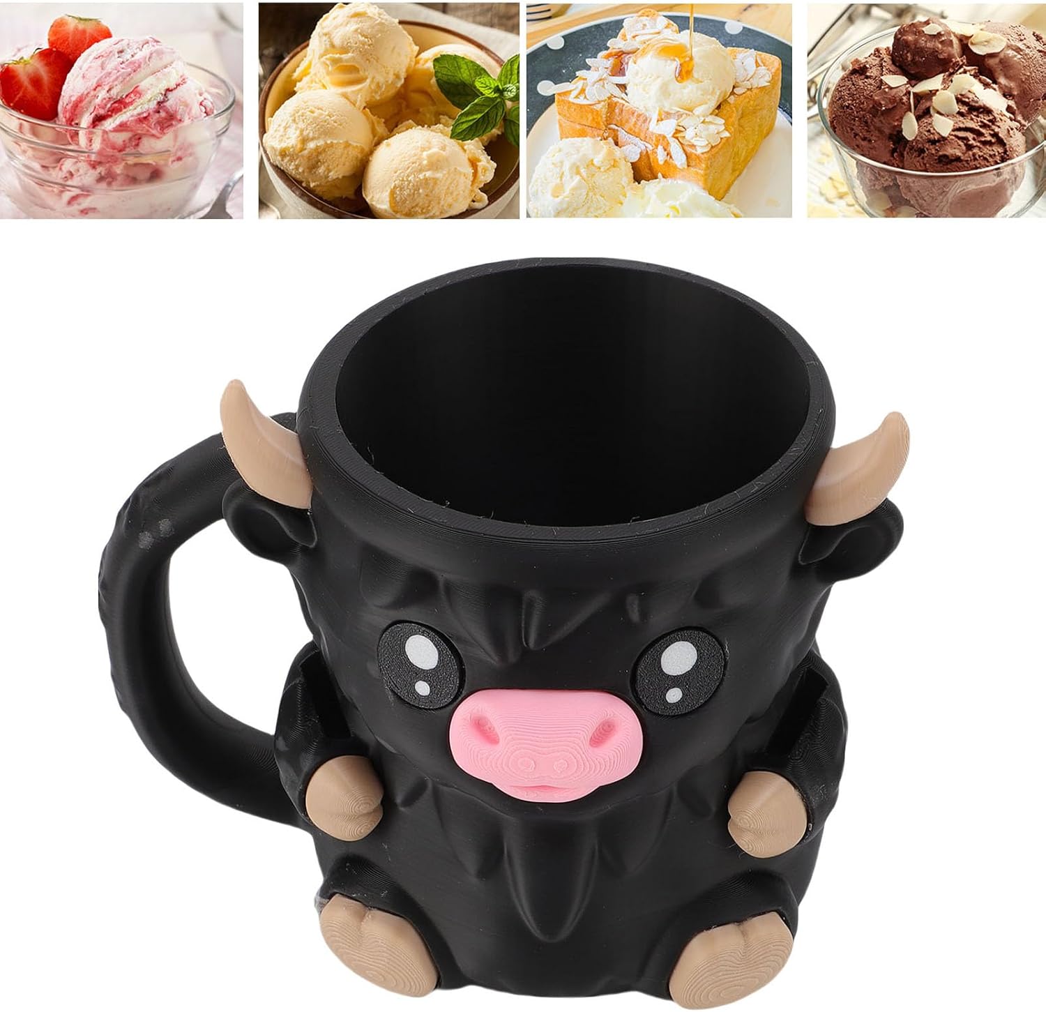 Yosoo Leakproof PLA Cartoon Cow Ice Cream Pint Holder, Sturdy Ice Cream Sleeve with Spoon Slot, Insulated 16oz Beer Can Cup, Non Slip Bottom, Ideal Choice for Home (Black)