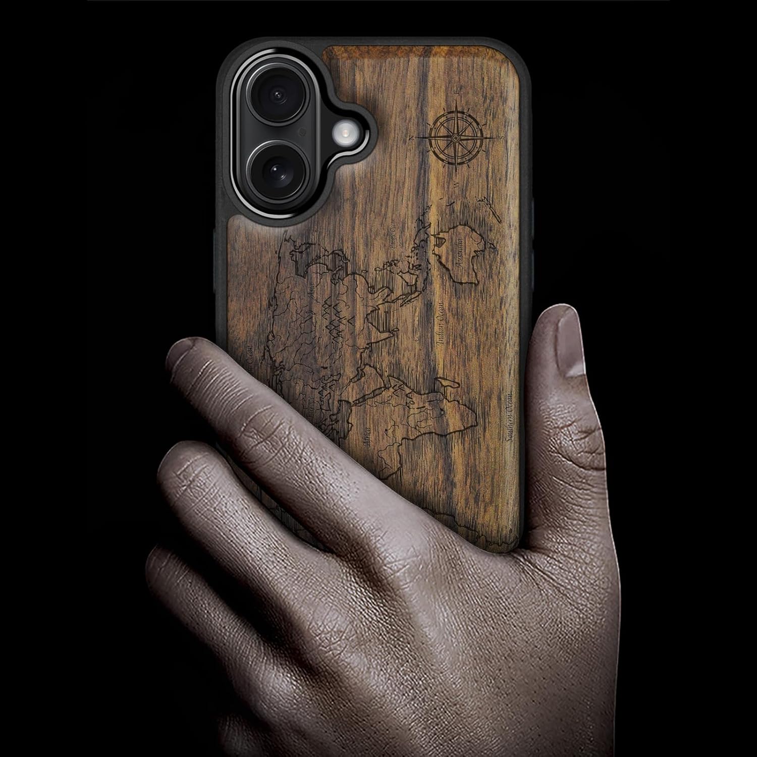 Carveit Magnetic Wooden Case for iPhone 17 Case, Wood Artisan Engraved & Black Soft TPU Shockproof Cover, Compatible with MagSafe Wireless Chargers (Compass Maps) Walnut