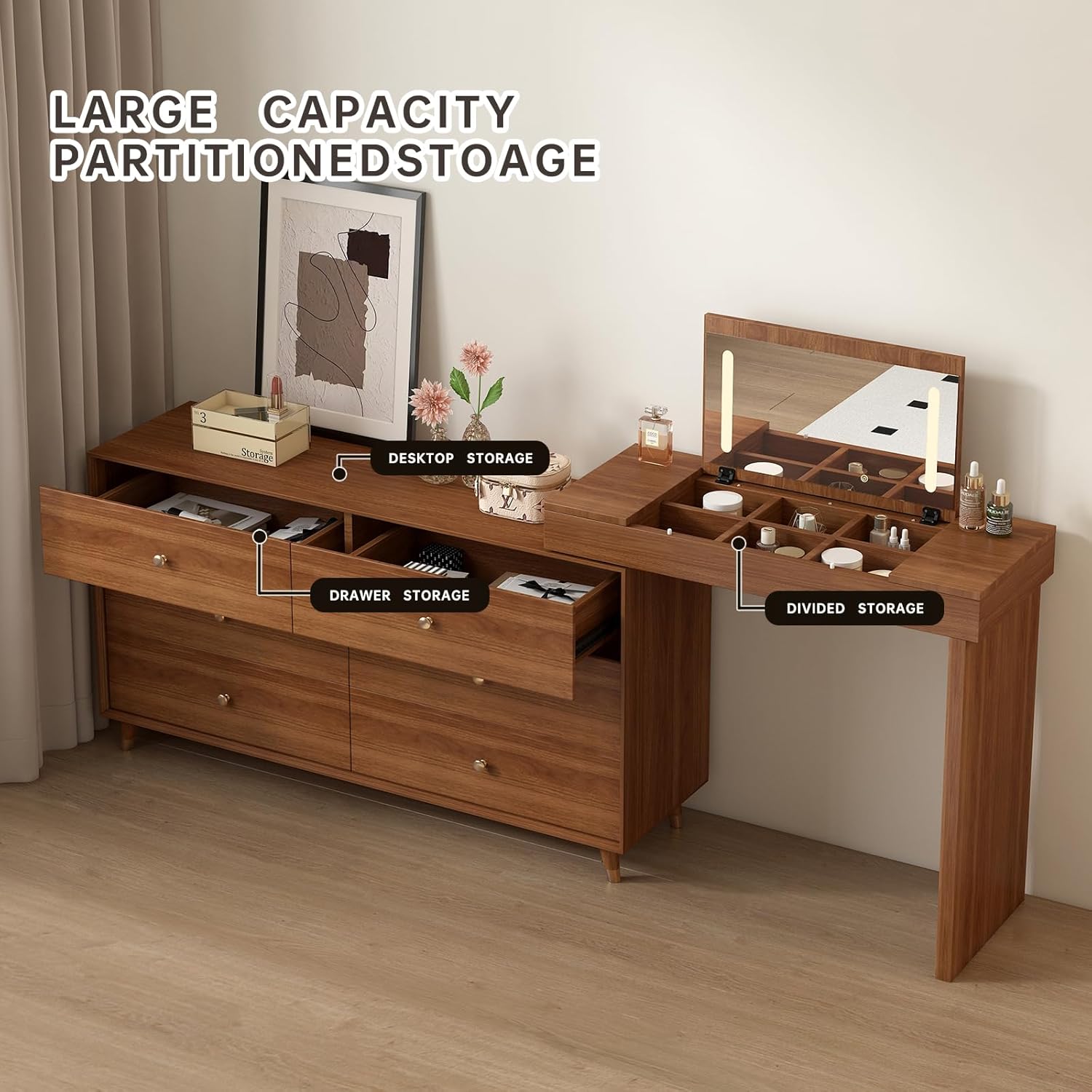 Messenya L-Shaped Extendable Makeup Vanity with Hidden Flap Mirror & Dimmable LED Lights, 6 Drawers + Storage Shelves, 3 Color Modes, Wood Grain Brown Dressing Table for Small Bedroom