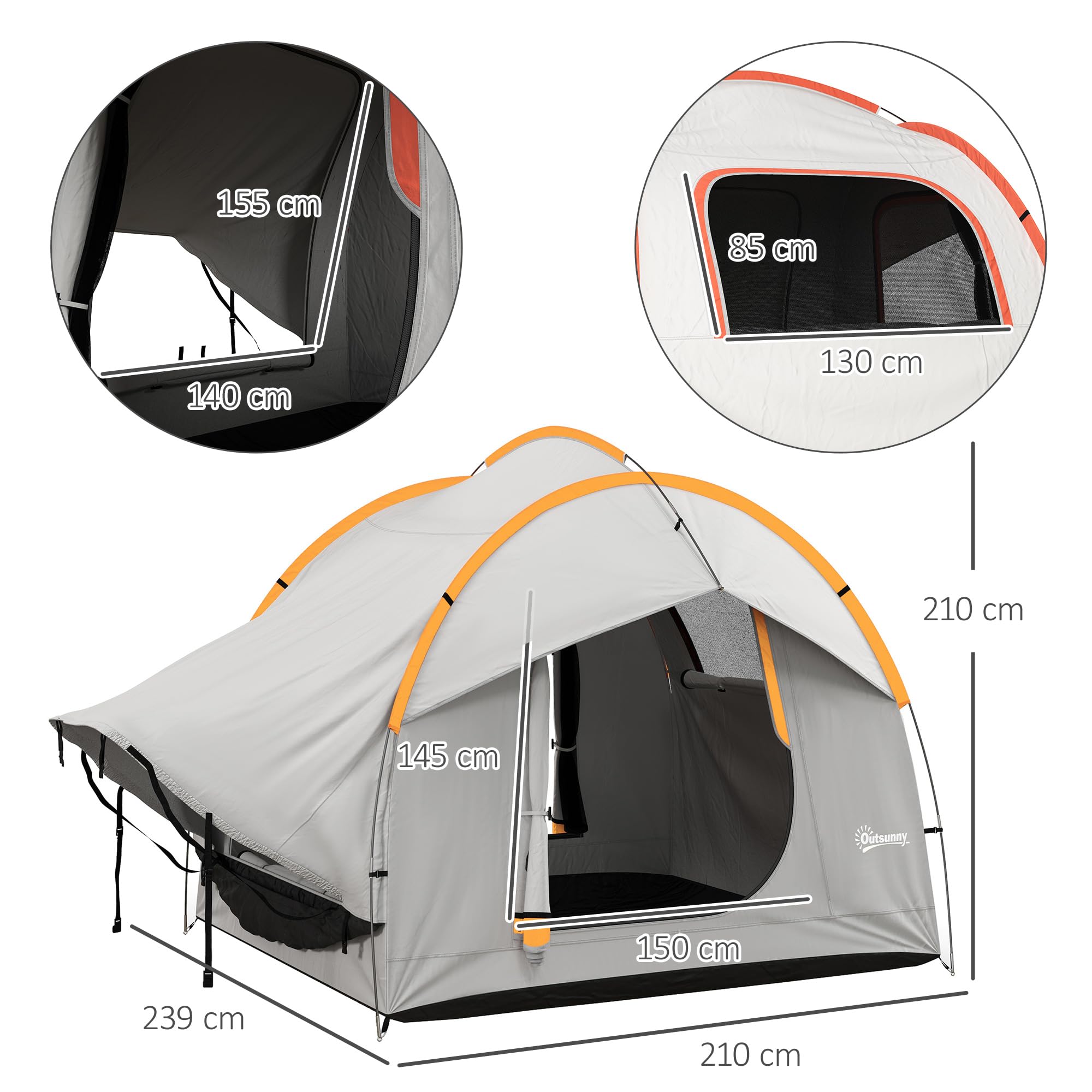 Outsunny Tenda per Auto Impermeabile a 3 Porte con Finestra in Rete, Tenda da Esterno in Poliestere, PE e Fibra di Vetro, 2.4x2.1x2.1m, Grigio e Arancione
