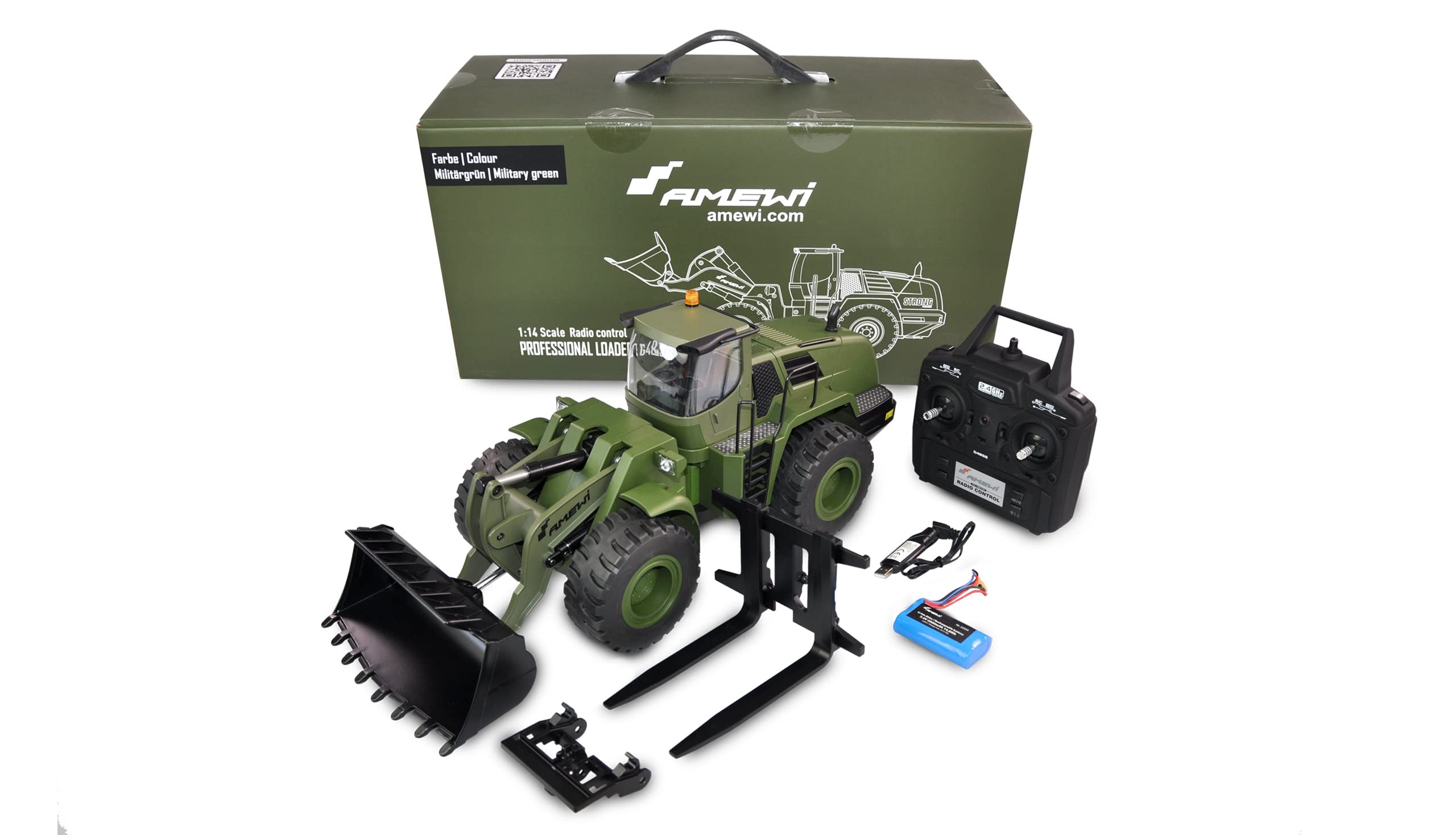 Amewi 22534 Radlader G485E ME Militär 1:14, Teilmetall, Sound, Licht, Rundumleuchte, 10-Kanal, inkl. Schnellwechsler und Paletten-Gabel, RTR, Olivgrün