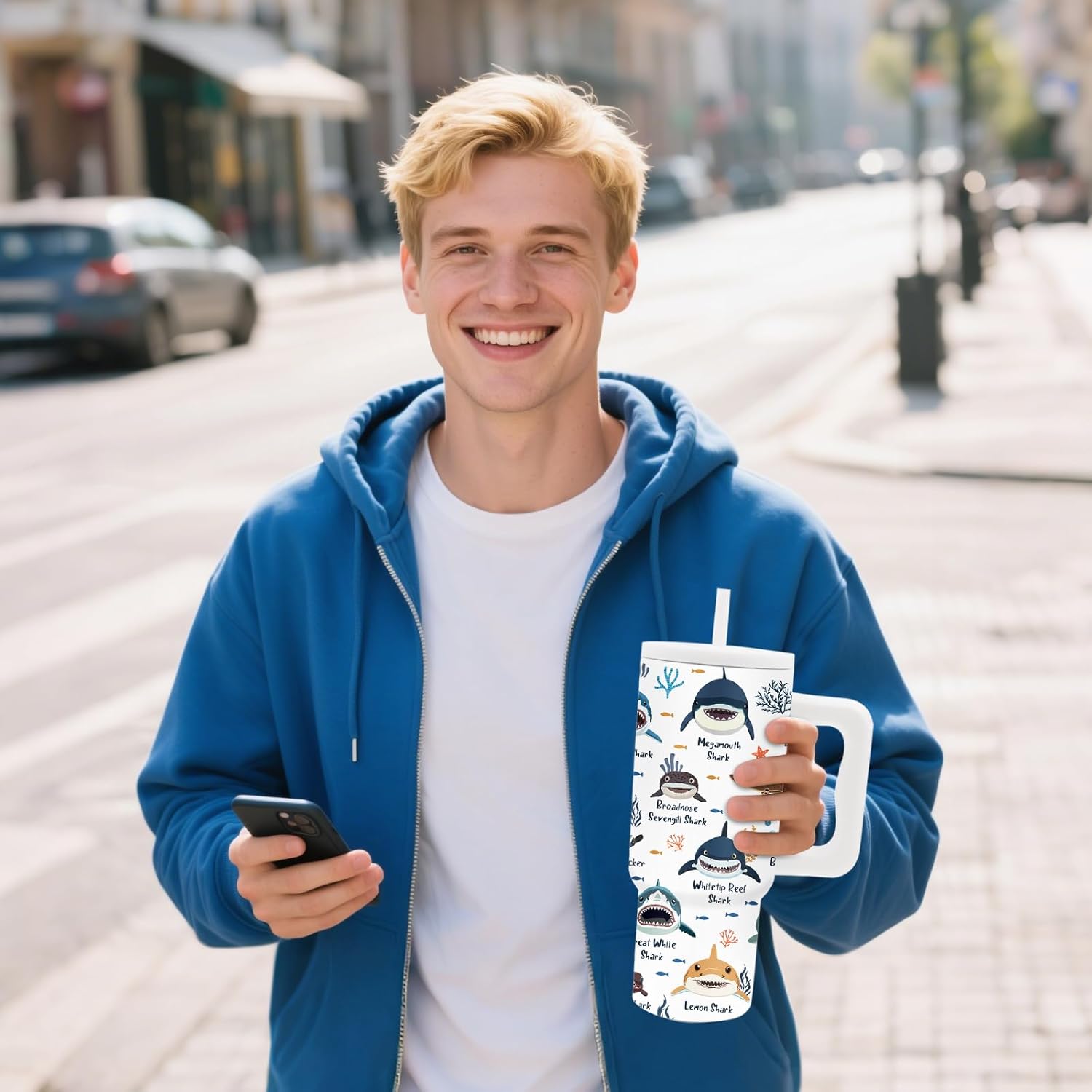 Shark Gifts for Women - 24 oz Shark Tumbler with Handle and Straw, Insulated Stainless Steel Cup, Leakproof, Ocean Themed Travel Mug for Sea Animals Lovers, Fits Car Cup Holders, Keeps Drinks Cold - Image 7