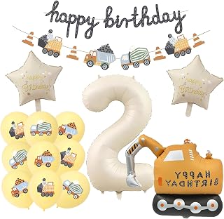 Bouwplaatsdecoratie 2e verjaardag jongen, folieballon Happy Birthday, voertuigen bouwplaats verjaardag, voor bouwplaats kinderverjaardag