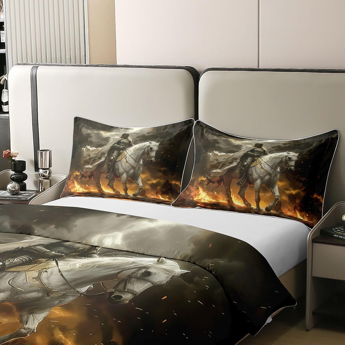 Homewish Knight - Juego de ropa de cama tamaño Super King con 2 fundas de almohada, funda de edredón de algodón de caballo medieval, funda de edredón vintage metálica, juego de cama moderno y estético