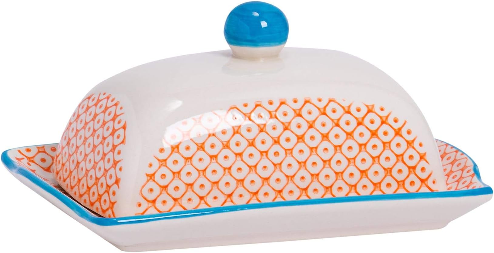 1x 19 x 11 x 9 cm (7 x 4 x 3.5 inches) Orange/Blue Print Patterned Ceramic Butter Dish with Lid