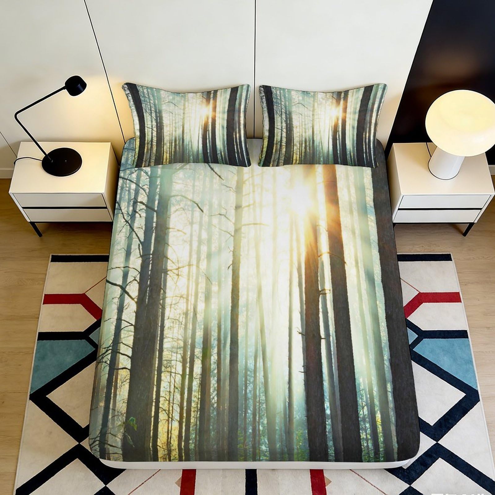 3D Printed Forest Sunlight Fitted Sheet Microfiber Nature Trees Bed Cover for Bedroom Guest Room Decor 90x200x25cm