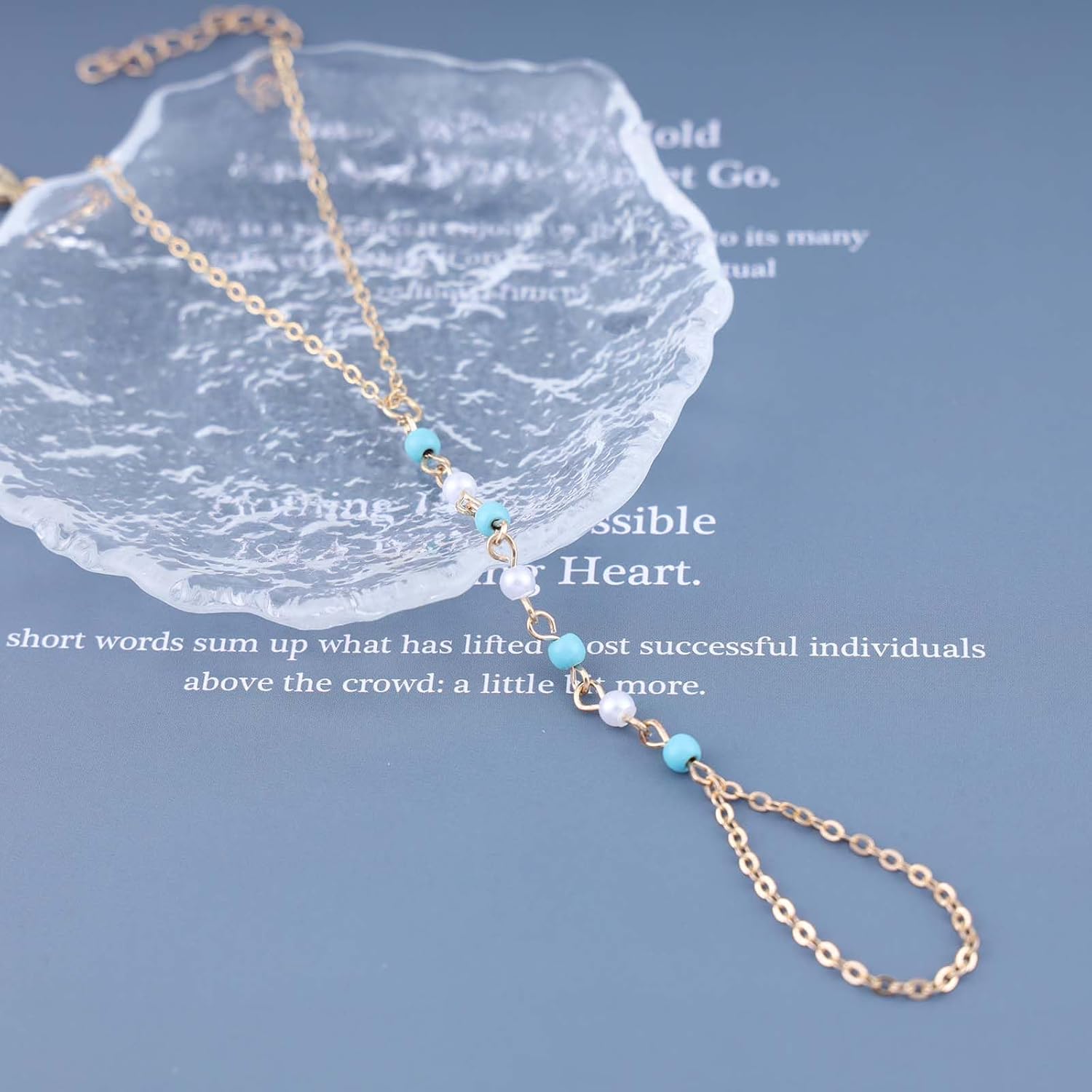 Boho Pearl Beaded Tassel Finger Ring Bracelet Vintage Blue Bead Hand Harness Chain Bracelet Gold Pearl Slave Chain Hand Bracelet Adjustable Slave Chain Bracelet Jewelry for Women - Image 4
