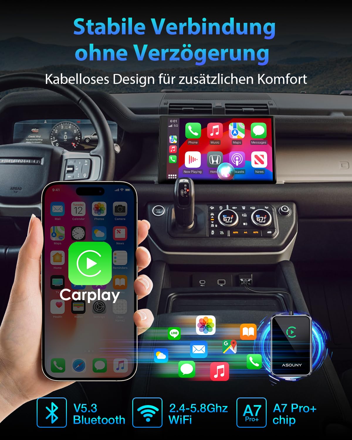 ASOUNY Adattatore CarPlay Wireless 2025 Trasforma CarPlay cablato in CarPlay senza fili, Plug & Play, Adatta per auto dal 2016 e iPhone 6+ (iOS 10+) (Grigio)