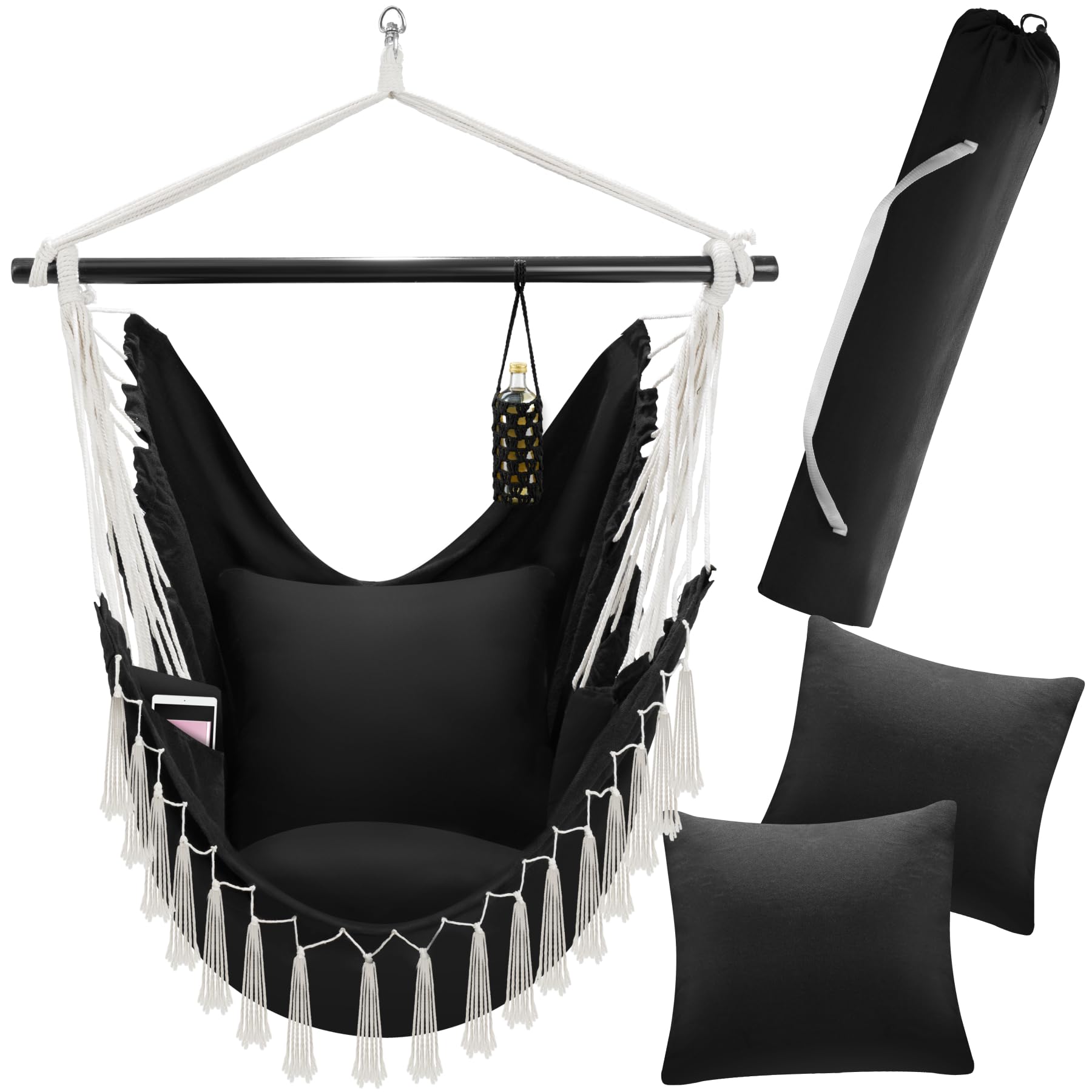 tectake® Hanging Chair in Boho Hammock Style with Tassels, Thick Cushions, Breathable Fabric, Side Pocket & Drink Holder, Incl. Carrying Bag - Durable Swing Chair for Indoor & Outdoor Use - Black