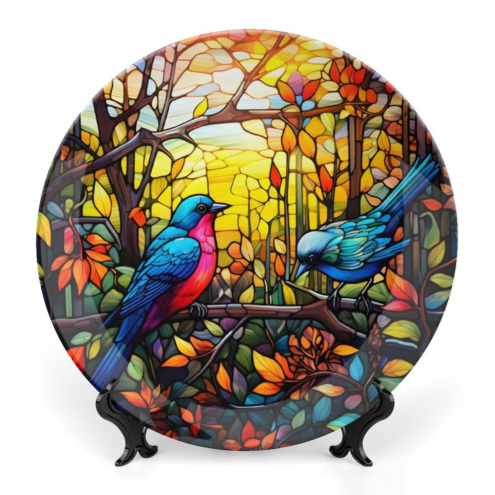 Thanksgiving Decorative Plates for Wall Hanging, Blue Pink Birds Animal Ceramic Plate, Vibrant Stained Glass Print Commemorative Plate, Fall Season Home Decor for Kitchen Cabinets, Ornament 8 Inch