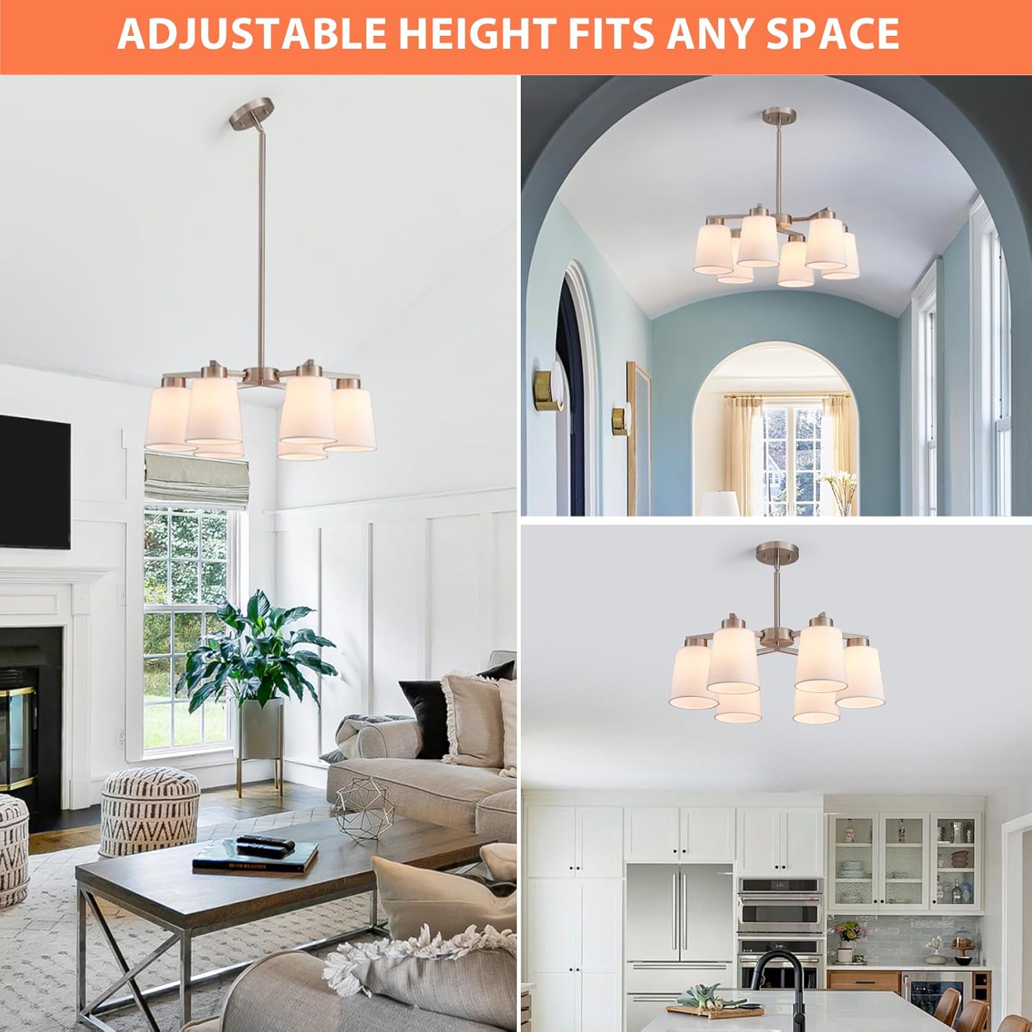 22" Farmhouse Chandelier 6-Lights Modern Brushed Nickel Pendent Light with White Fabric Shade Boho Lighting Fixture for Kitchen Island Dining Room Entryway Foyer