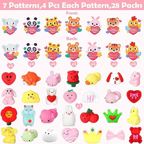 Miniatura 8 de SURCVIO Paquete de 28 juguetes esponjosos de San Valentín para niños, tarjetas de felicitación y corazones rellenos de Mochi Kawaii Squishies para