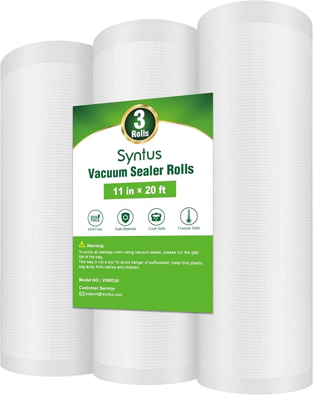 Syntus 3 rollos de bolsas selladoras al vacío de 11" x 20', sin BPA para almacenamiento de alimentos | 4 mil de grosor, longitud personalizada, mantiene los alimentos frescos por más tiempo, cocción al vacío en el congelador, microondas, funciona con la mayoría de los selladores al vacío