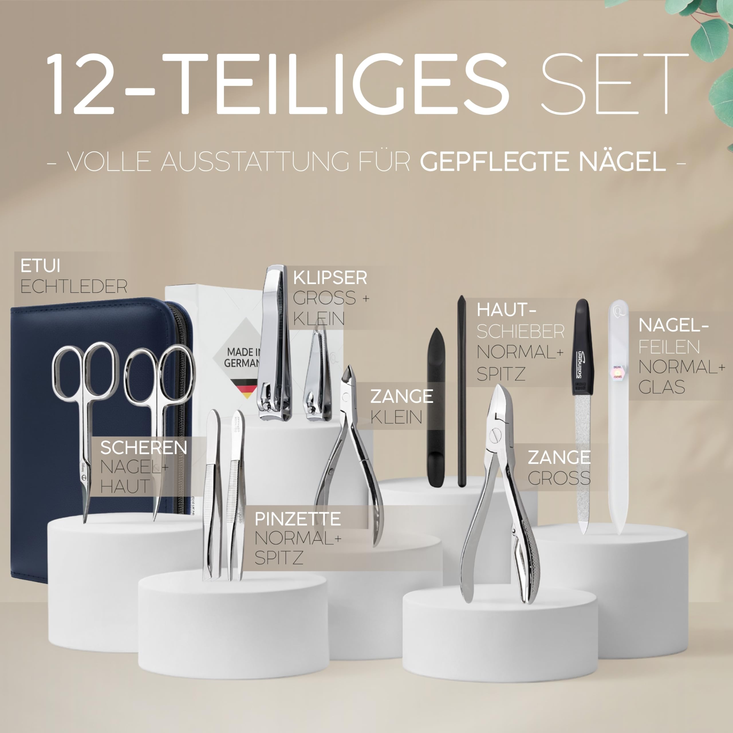 marQus Solingen Maniküre Pediküre Set - 12 Teile in Echt Leder Etui handlich und weich - Komplett Kit mit allem für die Hand- und Fußpflege, Nagelset Blau
