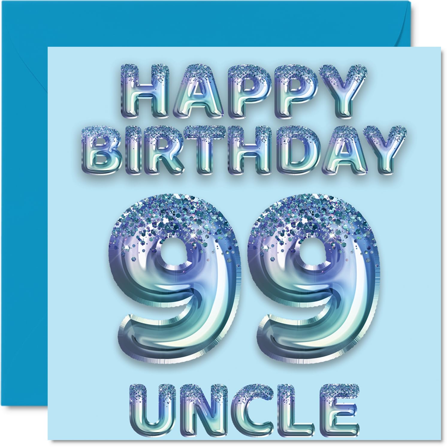 99th Birthday Card for Uncle - Blue Glitter Party Balloons - Happy Birthday Cards for 99 Year Old Uncle from Nephew Niece, 145mm Bday Greeting Cards Gift