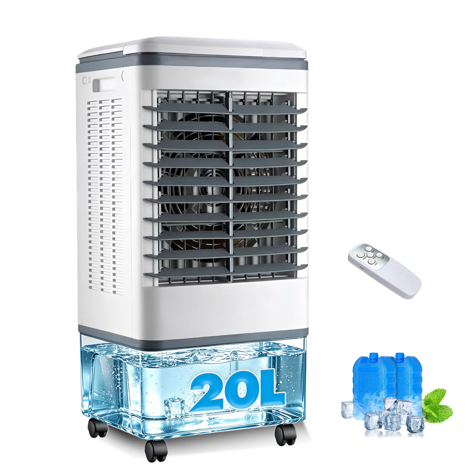 Portable Evaporative Air Cooler with 20L Water Tank, Air Cooling Fan with Remote Control, 7.5-Hour Timer, 2 Ice Packs, Swamp Cooler with Caster Wheels for Bedroom, Office, Home
