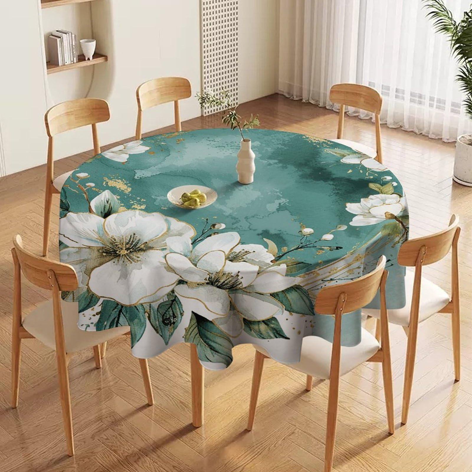 Nappe ronde lavable anti-tache à motif floral cyan 177,8 cm pour salle à manger