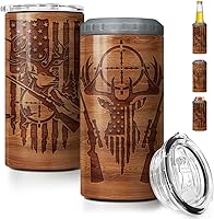 Vista 1 de SANDJEST Vaso de caza estilo madera con bandera americana 4 en 1, vaso termo de 12oz, enfriador de latas, funda protectora, vaso delgado de acero