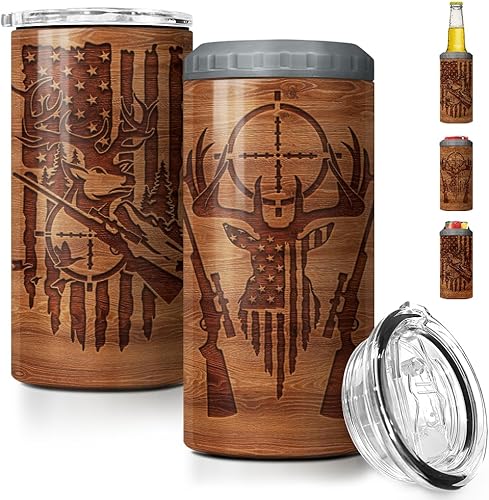 SANDJEST Vaso de caza estilo madera con bandera americana 4 en 1, vaso termo de 12oz, enfriador de latas, funda protectora, vaso delgado de acero