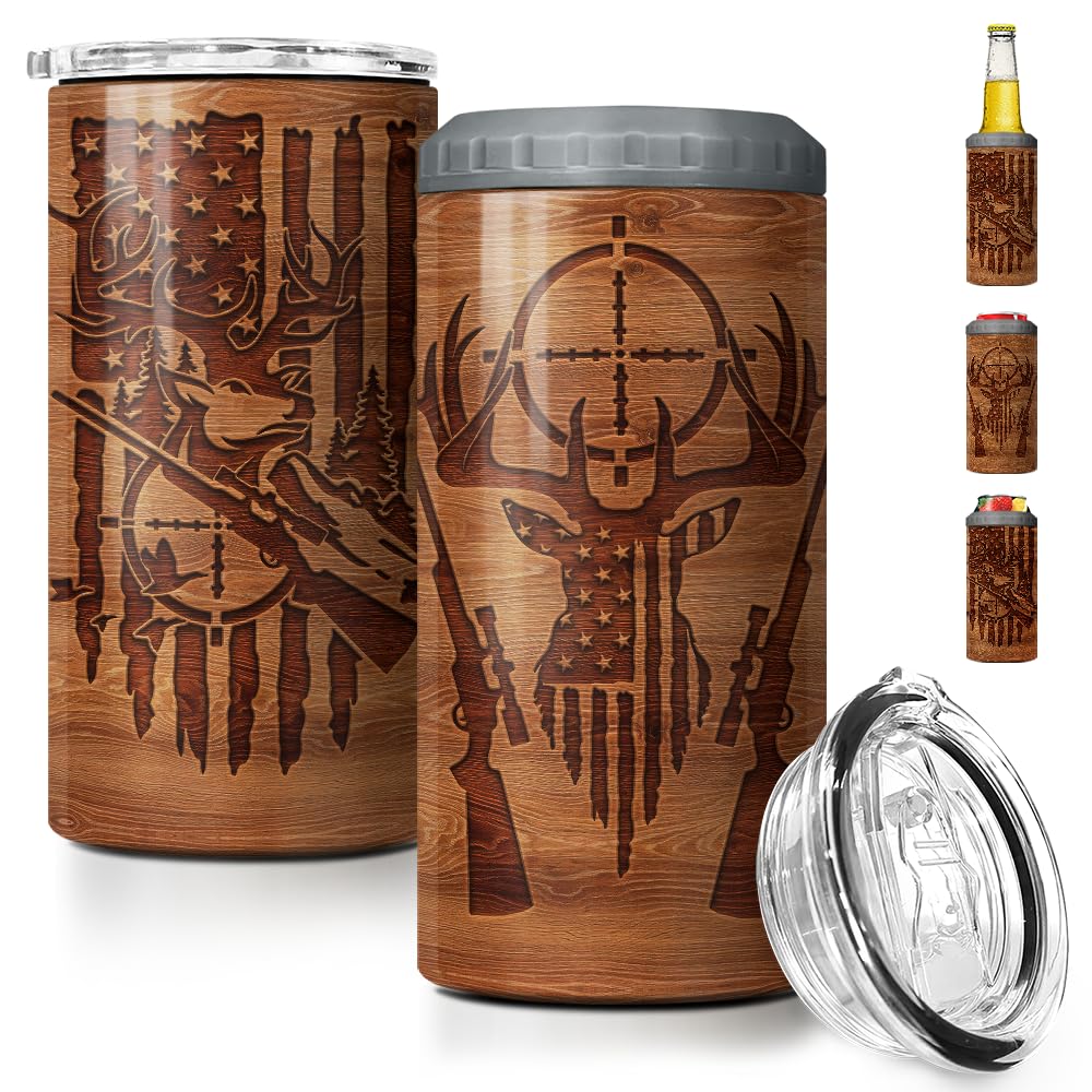 SANDJEST Hunting Tumbler Wood Style American Flag 4 in 1 12oz Tumbler Can Cooler Coozie Skinny Stainless Steel Tumbler Gift for Men Dad Best Friends Hunting Lovers Christmas Birthday Fathers Day