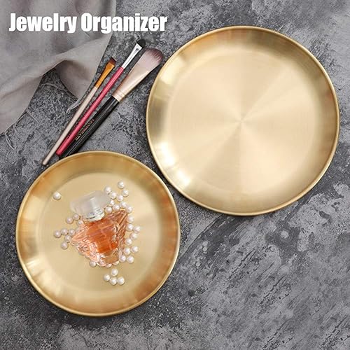Miniatura 6 de Bandeja redonda de latón, pequeña bandeja decorativa dorada, bandeja organizadora de almacenamiento de metal para el hogar moderno, acabado de latón