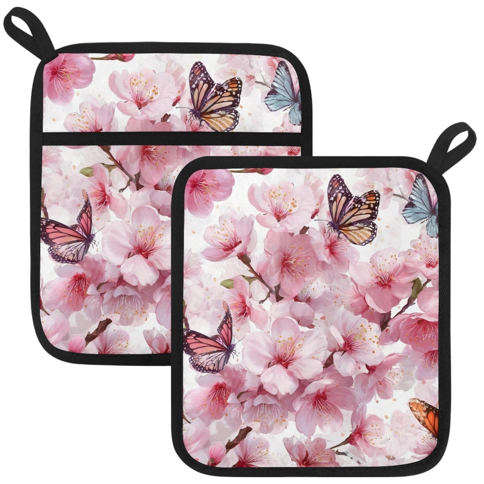 VAPOKF Peach Blossom Butterfly Kitchen Hot Pot Holder, Pot Holders Heat Resistant Pot Holder with Pocket Heat Resistant Trivets for Hot Pans Cotton Pot Mitts for Kitchen Cooking Baking
