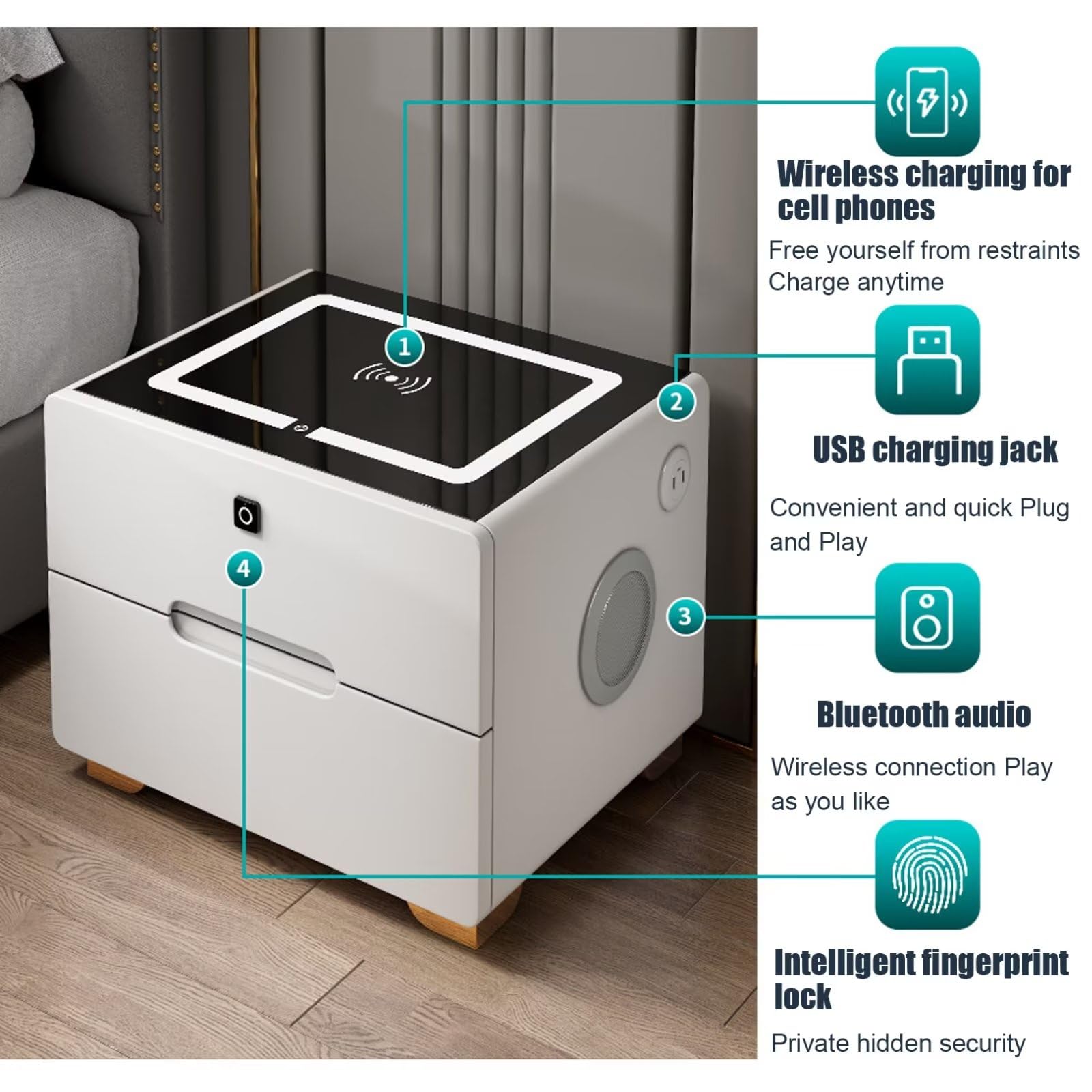 Inteligentna szafka nocna z bezprzewodowym ładowaniem Głośnik Bluetooth Blokada linii papilarnych i przechowywanie mebli do sypialni i salonu - nowoczesny i funkcjonalny design