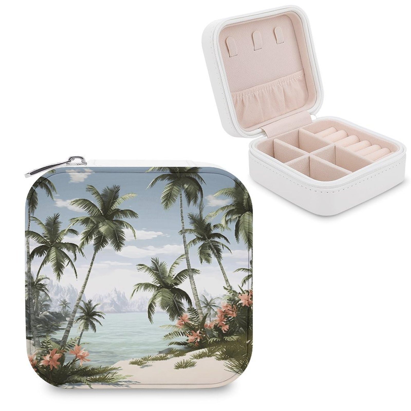 VstaDank Tropical Palm Trees Travel Jewelry Case Small Portable Jewellry Organizer Box PU Leather Organizer Boxes Personalized Jewellery Storage Holder Gift for Womens Rings Earrings