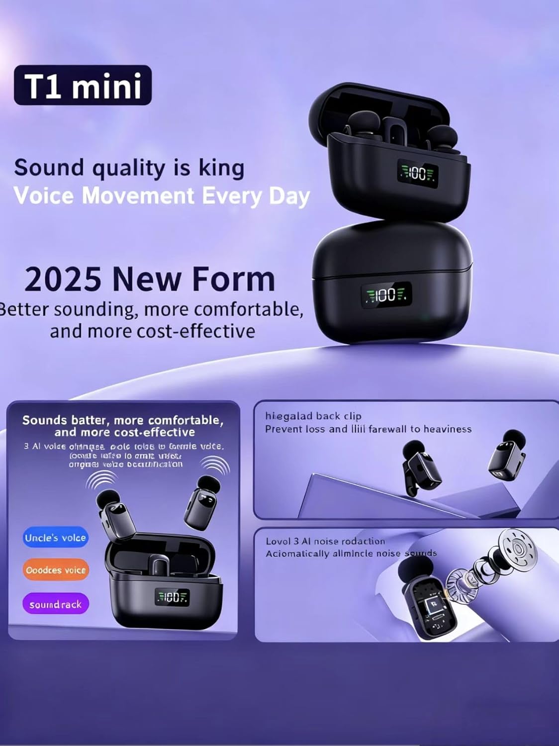 Mini Wireless Lavalier Microphone for iPhone/Android, Lapel Mic with 3-Level Noise Reduction, AI Voice Changer,48kHz/24bit 30H Charging Case, Plug & Play Mini Mics for Vlogging,Content Creators - Image 2