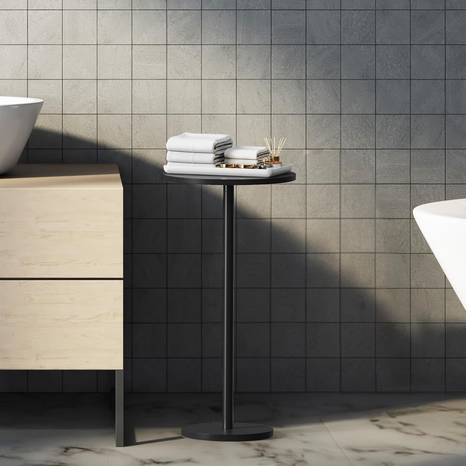 Round Small Side Table Set of 2, Drink Tables for Small Spaces Pedestal Side Table Black for Sofa, Circle End Tables for Living Room, Bedroom and Balconty