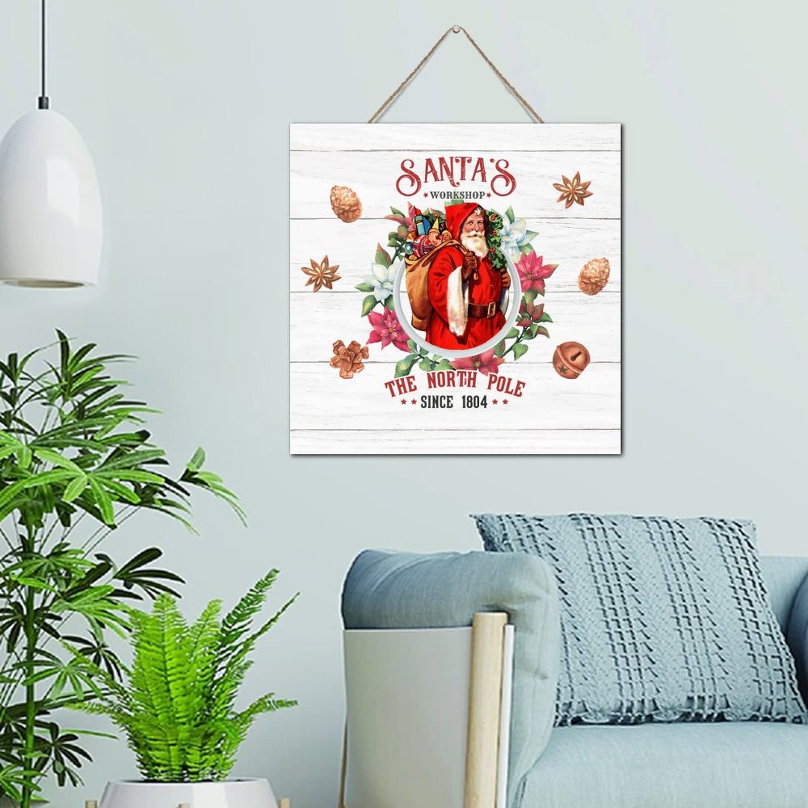 Panneau bois vieilli Santa's Workshop, decoration murale haut de gamme pour salle a manger