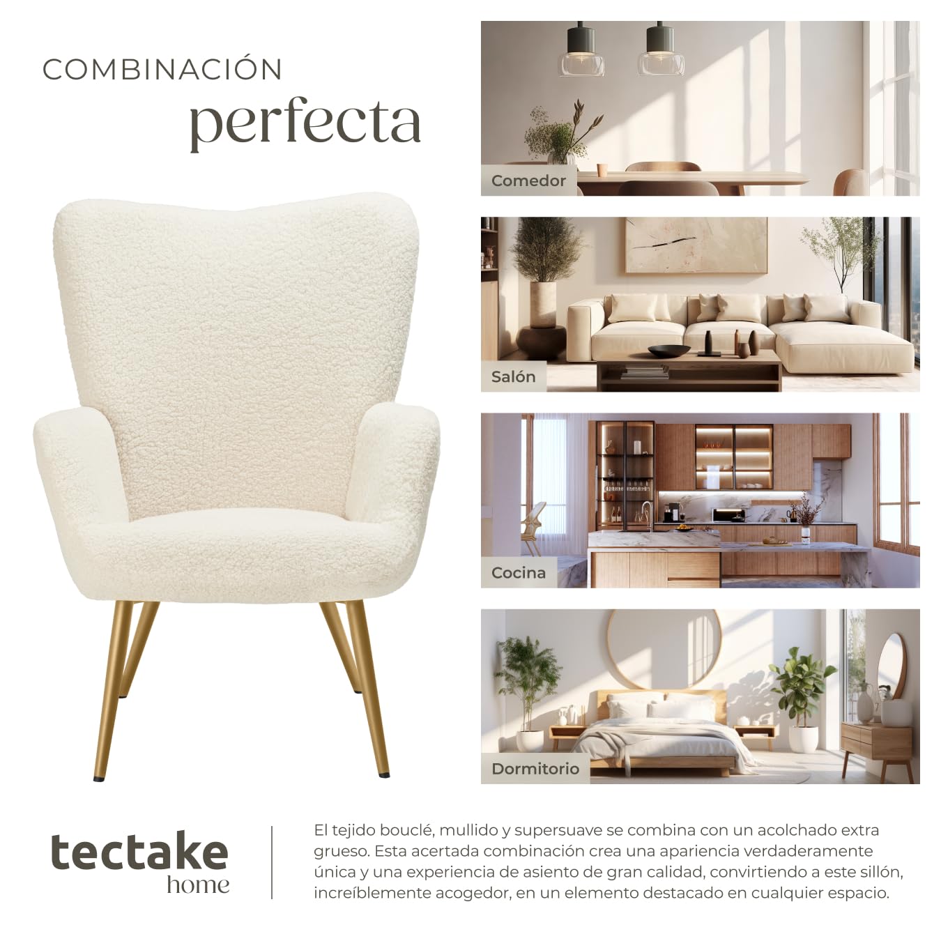 tectake® Sillón Orejero Estilo Escandinavo, Butaca de Salón con Tapizado en Tejido Bouclé, Sillón Lectura con Respaldo Ergonómico, Ideal Mueble de Salón, Topes en Patas, hasta 150kg - Crema/Dorado