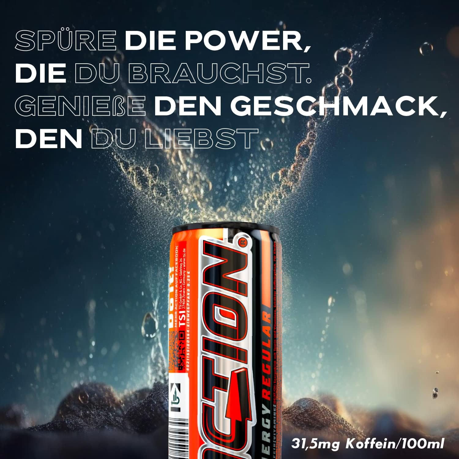 Action Energy Drink Regular (48 x 250 ml) incluye depósito – Refresco con sabor a tutti-Frutti – patata energética con mayor contenido de cafeína 31,5 mg/100 ml de cafeína