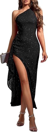 Parthea Womens Elegant One Shoulder Long Formal Sparkly Dresses Sequin High Split Evening Wedding Guest Party Maxi Dress