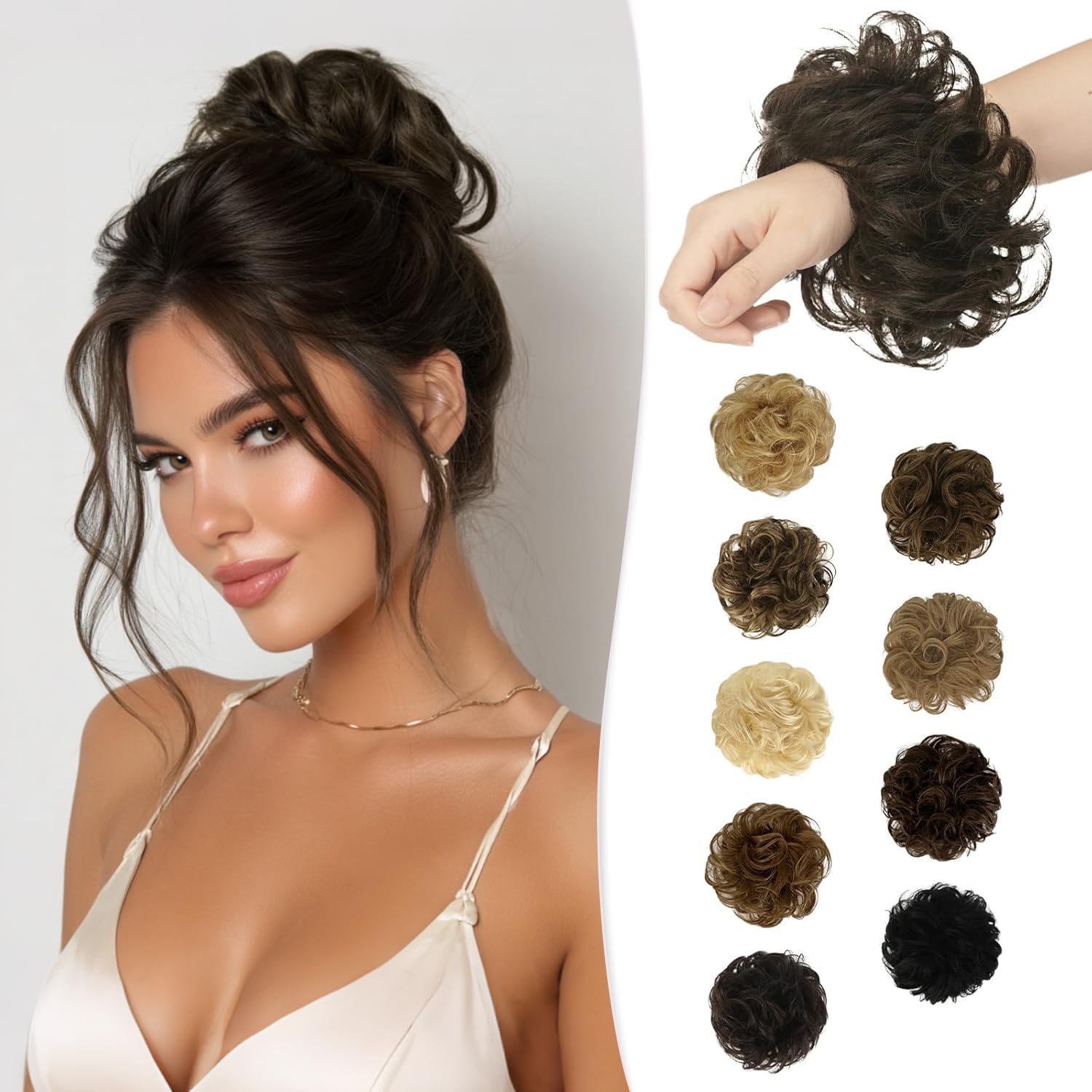 RUWISS Unordentlicher Haarteil 100% Echthaar Rose Dutt für Frauen Echthaar Scrunchies Hochsteckfrisur Haarteile Gelockt Bun Verlängerung（Natürl Braun）