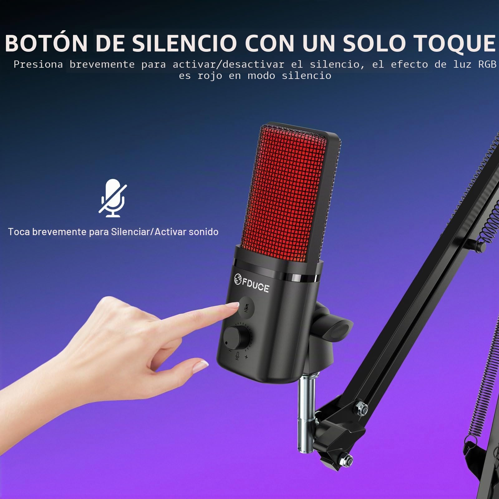 FDUCE Kit de micrófono USB para juegos para PC,micrófono de condensador RGB con conector para monitor,silencio rápido,control de ganancia,filtro pop,brazo de micrófono para streaming,podcasting,juegos