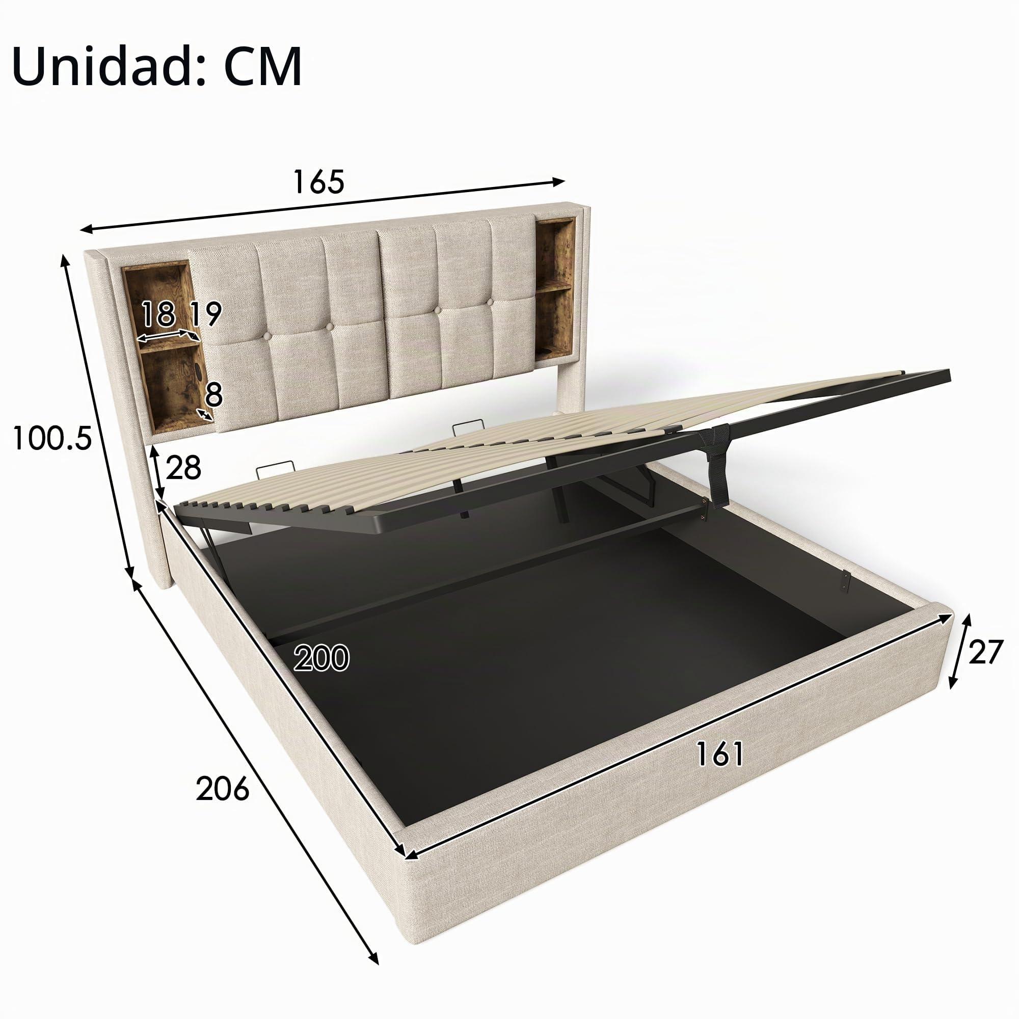 Camas matrimoniales, con Carga inalámbrica USB C, somier 160x200cm, somier con Espacio de Almacenamiento, Camas Infantiles, canape 160x200, algodón Gris (sin colchón)