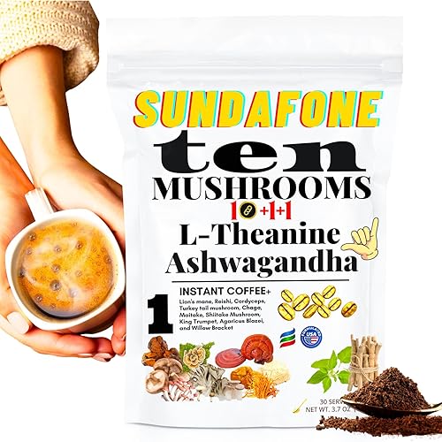 SUNDAFONE Café de hongos con L-teanina, Ashwagandha, melena de león, reishi y 10 hongos adaptogénicos mezcla de café helado de proteína súper
