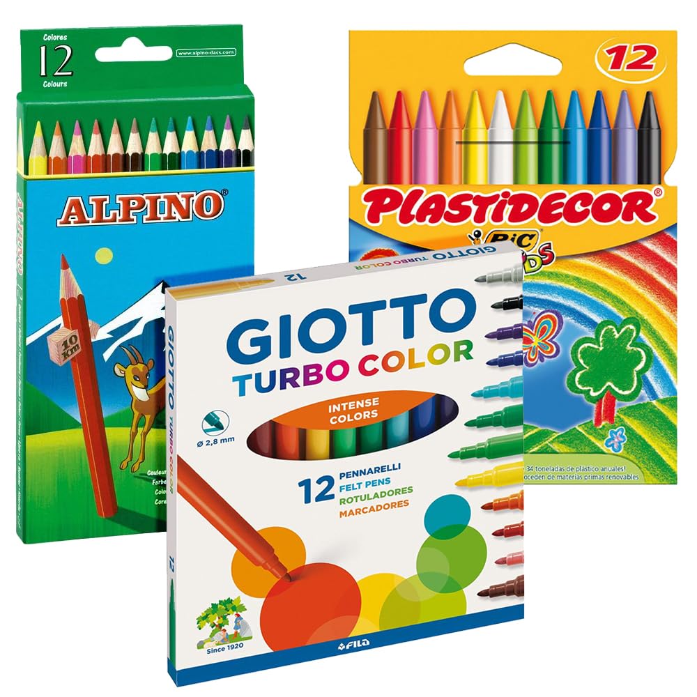 Pack de caja 12 Ceras Plastidecor / 12 Lapices Alpino / 12 Rotuladores Giotto