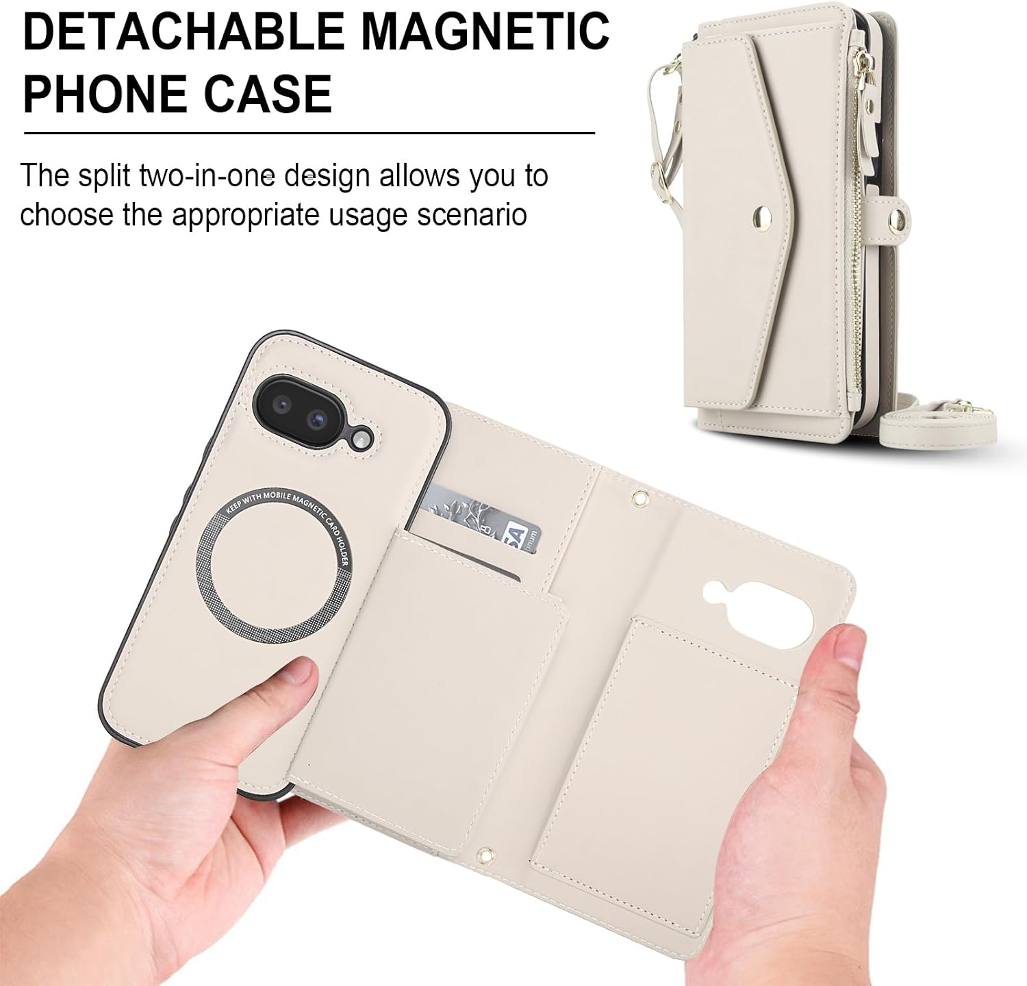 Phone Case for Google Pixel 10A/9A Wallet Cover Compatible with Magsafe RFID Screen Protector Crossbody Lanyard Strap Flip Card Holder Slot Zipper Cell Purse Pixel10A Pixel9A 5G Women Men Off White