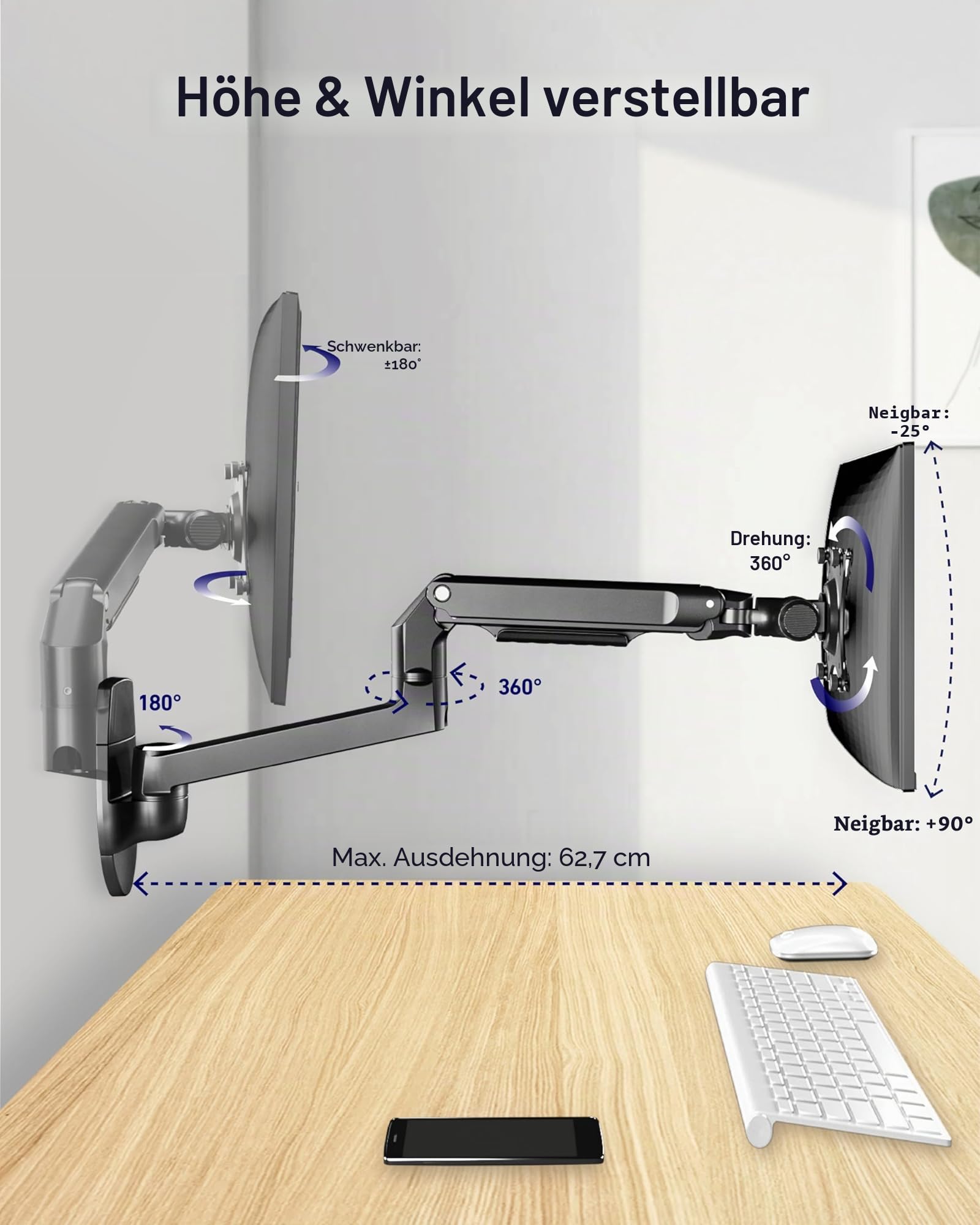 Ergounion Monitor Wandhalterung für 13-38 Zoll Bildschirm bis 11 Kg, Voll Einstellbare Monitor Halterung Wand mit Höhenverstellbar, Monitor Wall Mount mit Kabelmanagement, VESA 75/100 mm, Schwarz